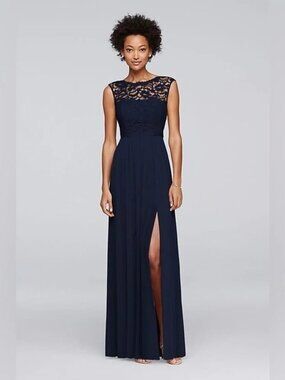 David's Bridal Black Lace Bodice Maxi Dress with Ribbon Waist
